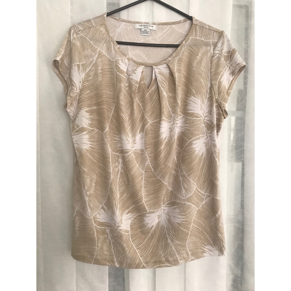 Liz Claiborne Petite Tan White Tropical Leaf Keyhole Pleated Blouse PXL